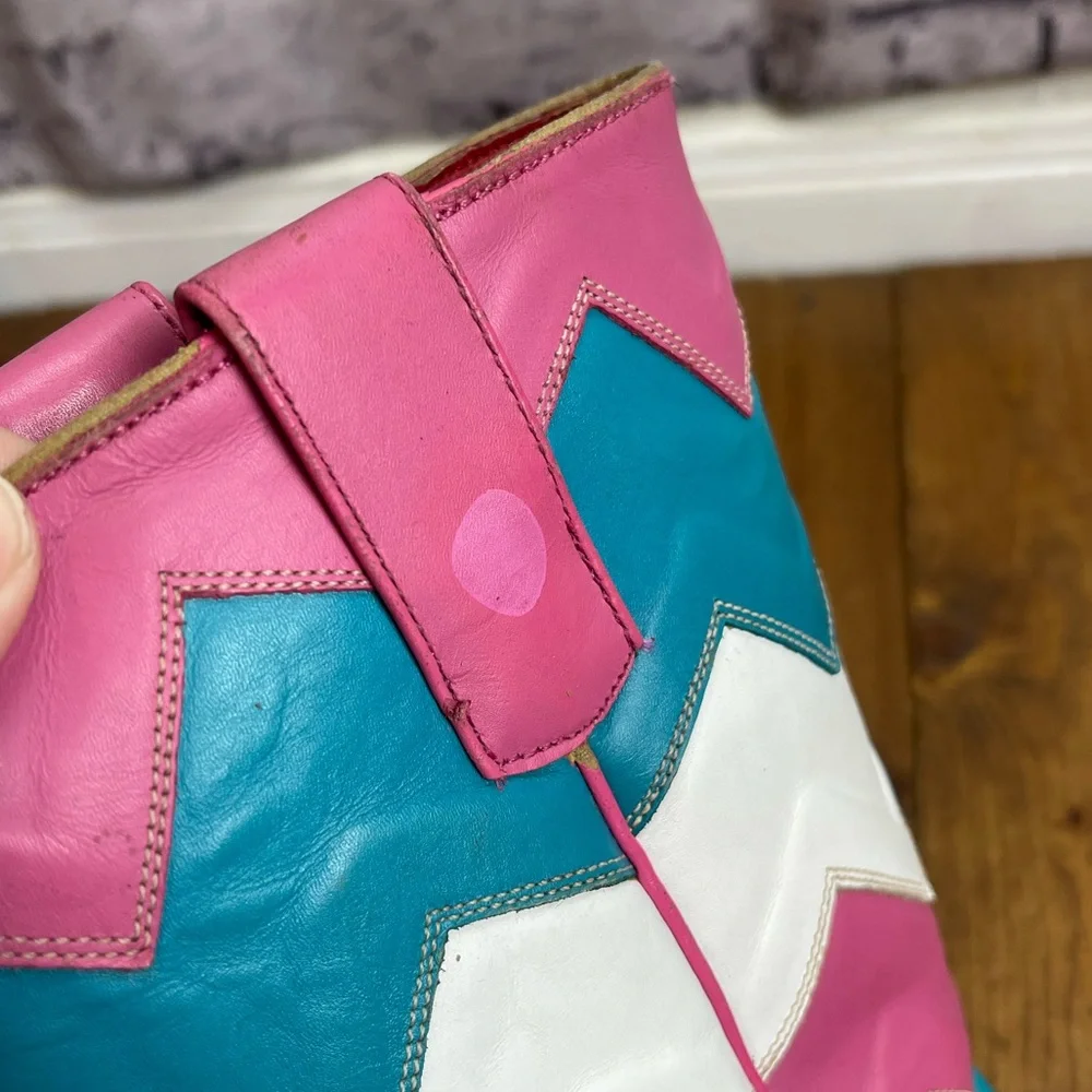Macie Bean Girls Brown Western Boots with Pink, Teal & White Chevron Shaft